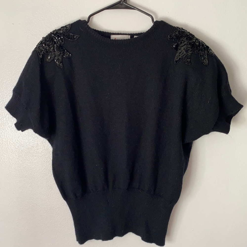Vintage women’s black shoulder pad sequin top cinch waist medium sexy soft